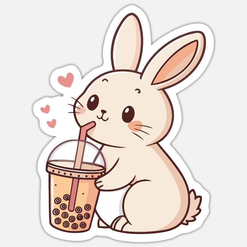 Lapin kawaii et bubble tea pastel - Sticker taille S (10 x 10 cm) - blanc mat