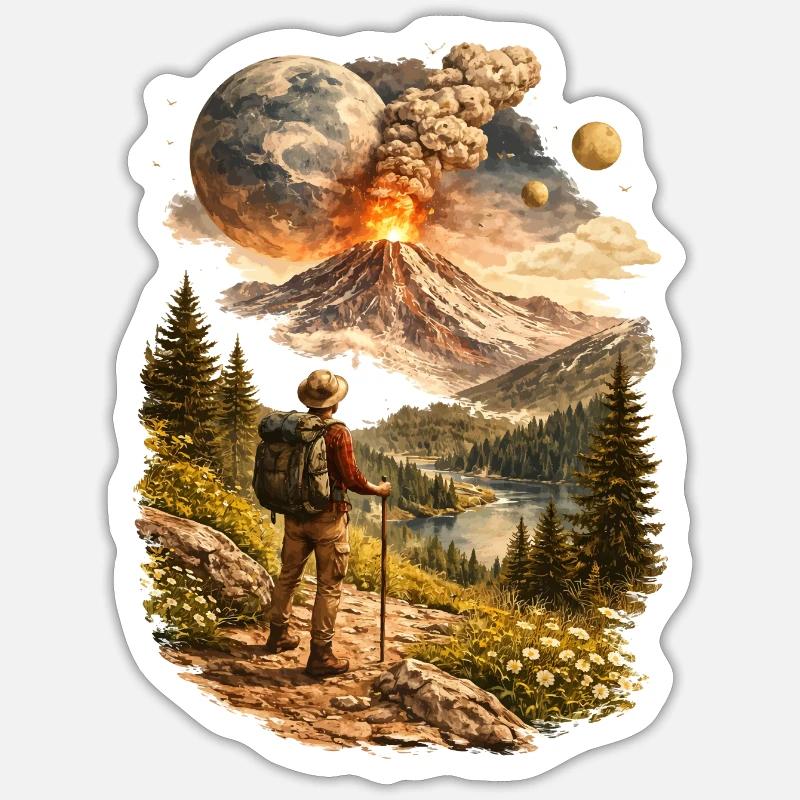 Des randonneurs devant un volcan en éruption et un monde étrange Sticker taille S (10 x 10 cm)