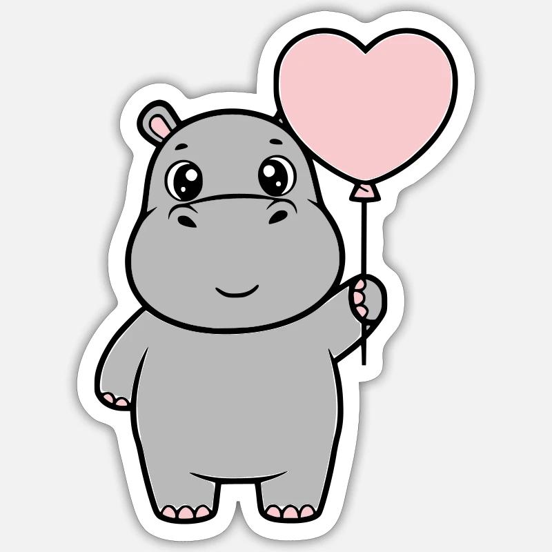 Süßes Nilpferd Herz Ballon Liebe - Sticker Größe S (10 x 10 cm) - Mattweiß