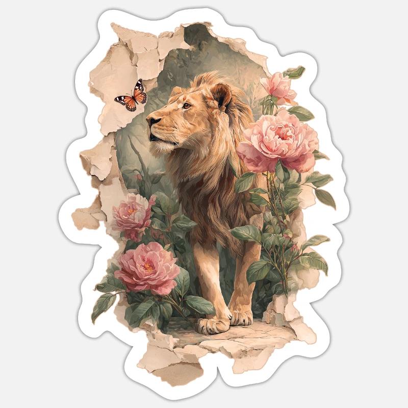 Lion avec papillon - Sticker taille S (10 x 10 cm) - blanc mat