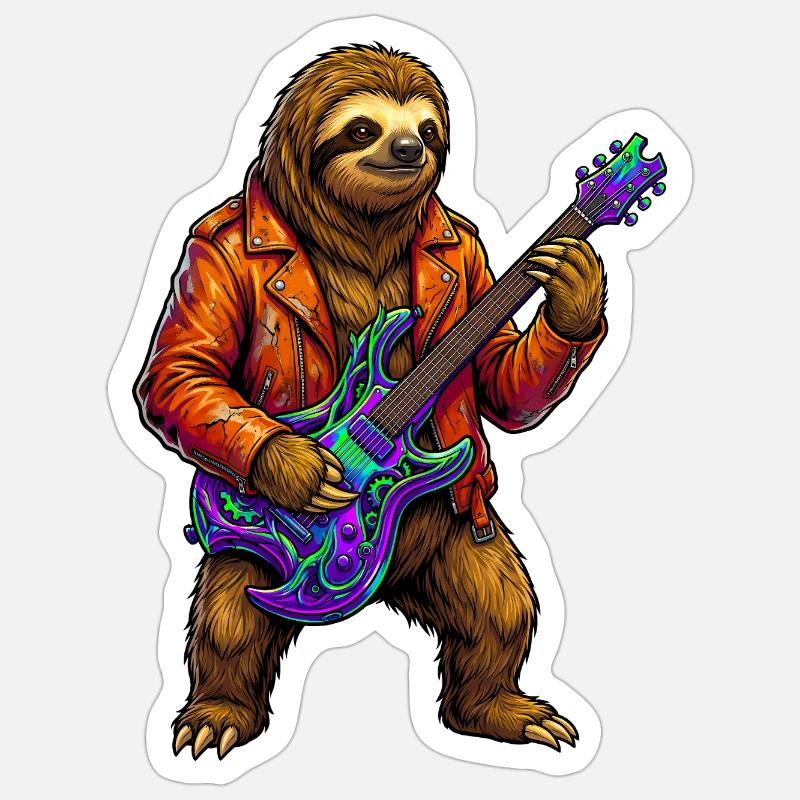 Faultier in Lederjacke mit Neon E-Gitarre Sticker Größe S (10 x 10 cm)