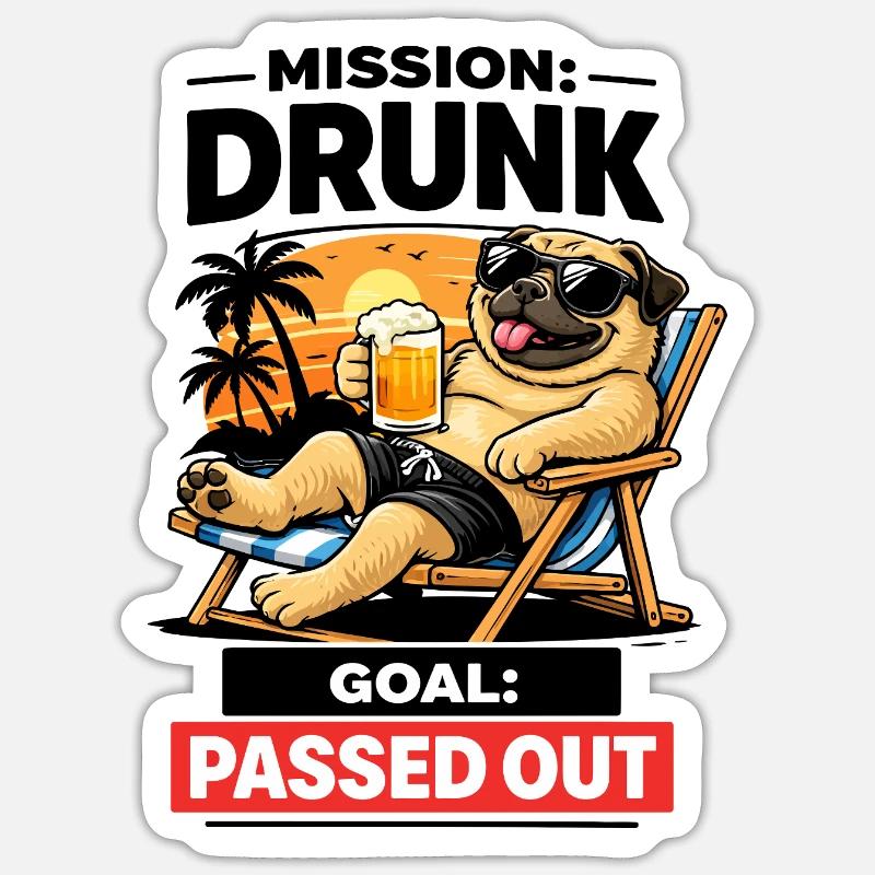 Sunset Pug Traînant Bière - Sticker taille S (10 x 10 cm) - blanc mat