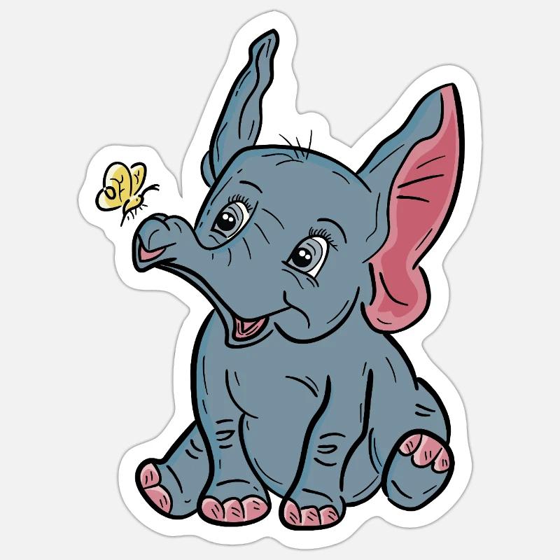 Bébé éléphant et papillon heureux - Sticker taille S (10 x 10 cm) - blanc mat