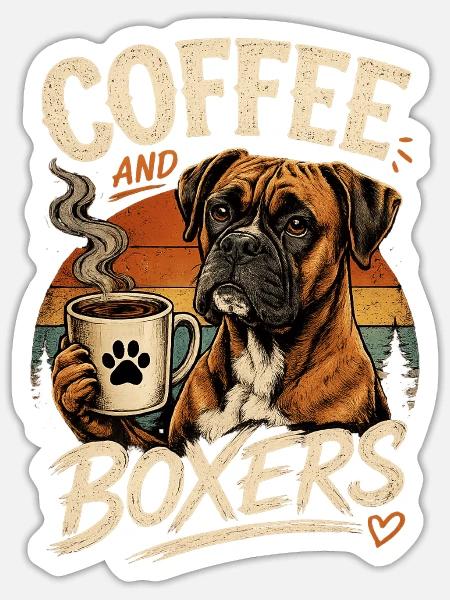 Coffee and Boxers – Boxer Hund Kaffeeliebe - Sticker Größe S (10 x 10 cm) - Mattweiß