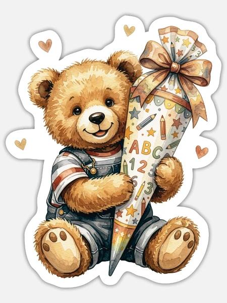 Teddybär mit Schultüte zur Einschulung - Sticker Größe S (10 x 10 cm) - Mattweiß
