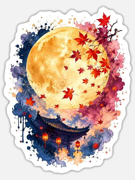 Japan Vollmond Momiji Tempel - Sticker Größe S (10 x 10 cm) - Mattweiß
