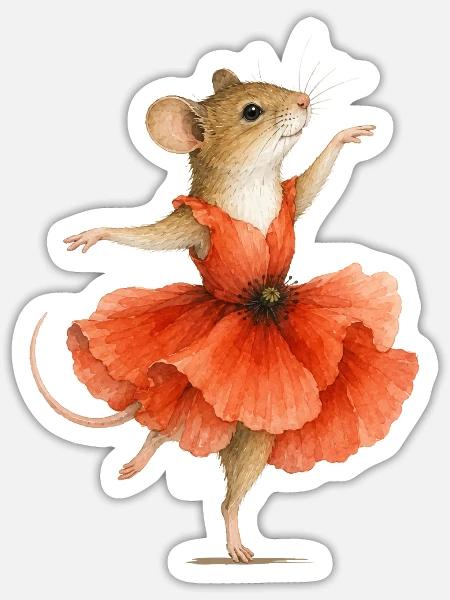 Tanzende Maus mit Mohnblütenkleid - Sticker Größe S (10 x 10 cm) - Mattweiß