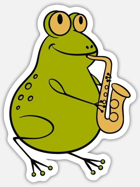Frosch spielt Saxophon - Jazz Cartoon - Sticker Größe S (10 x 10 cm) - Mattweiß
