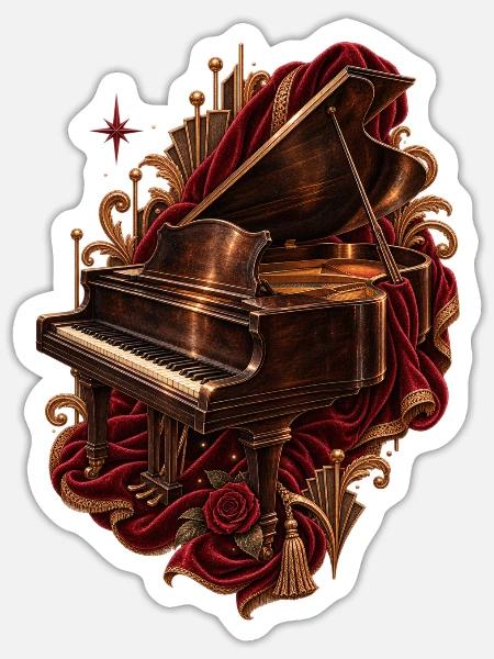 Vintage Klavier im roten Theatersamt - Sticker Größe S (10 x 10 cm) - Mattweiß