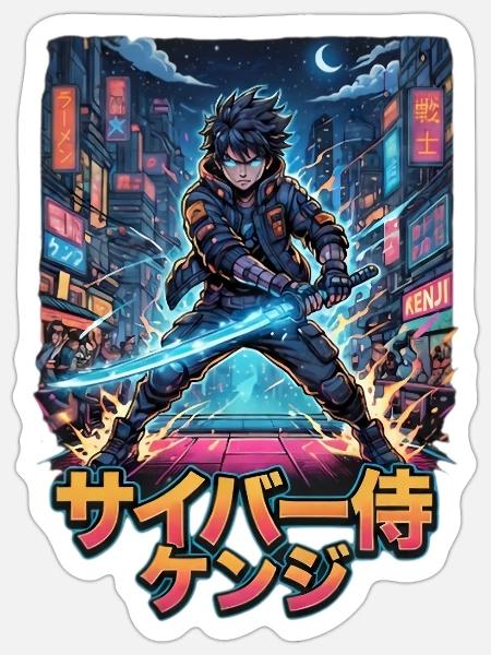 Cyber Samurai Kenji Neonklinge - Sticker Größe S (10 x 10 cm) - Mattweiß