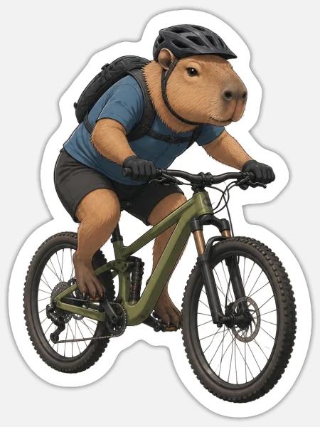 Capybara auf dem Mountainbike - Sticker Größe S (10 x 10 cm) - Mattweiß