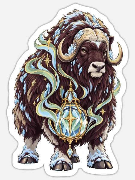 Moschusochse mit Polarlicht-Frostlaterne - Sticker Größe S (10 x 10 cm) - Mattweiß