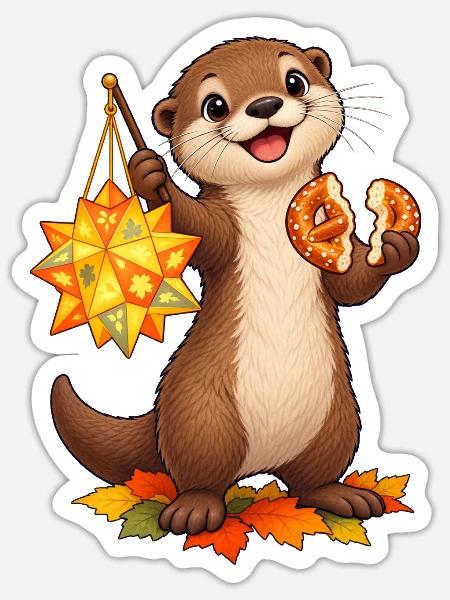Zwergotter mit Sternlaterne und Brezelhälften - Sticker Größe S (10 x 10 cm) - Mattweiß