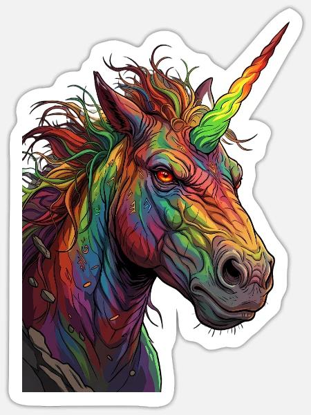 Zorniges Regenbogen Einhorn Comic Design - Sticker Größe S (10 x 10 cm) - Mattweiß