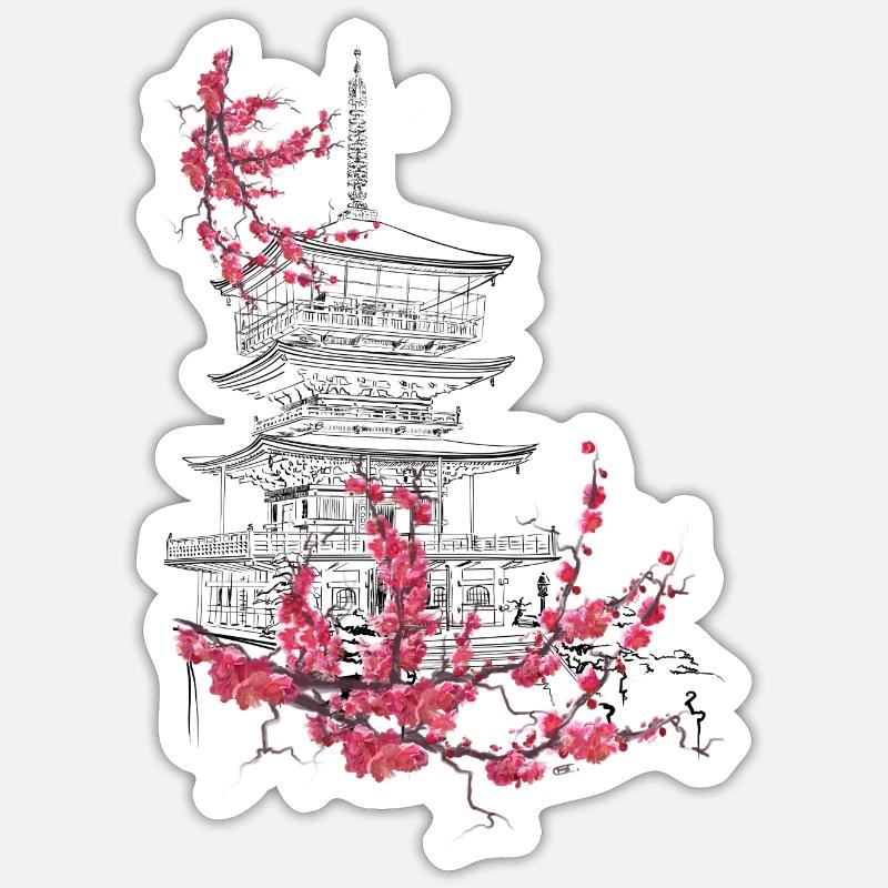 Pagode und Sakura - Sticker Größe S (10 x 10 cm) - Mattweiß