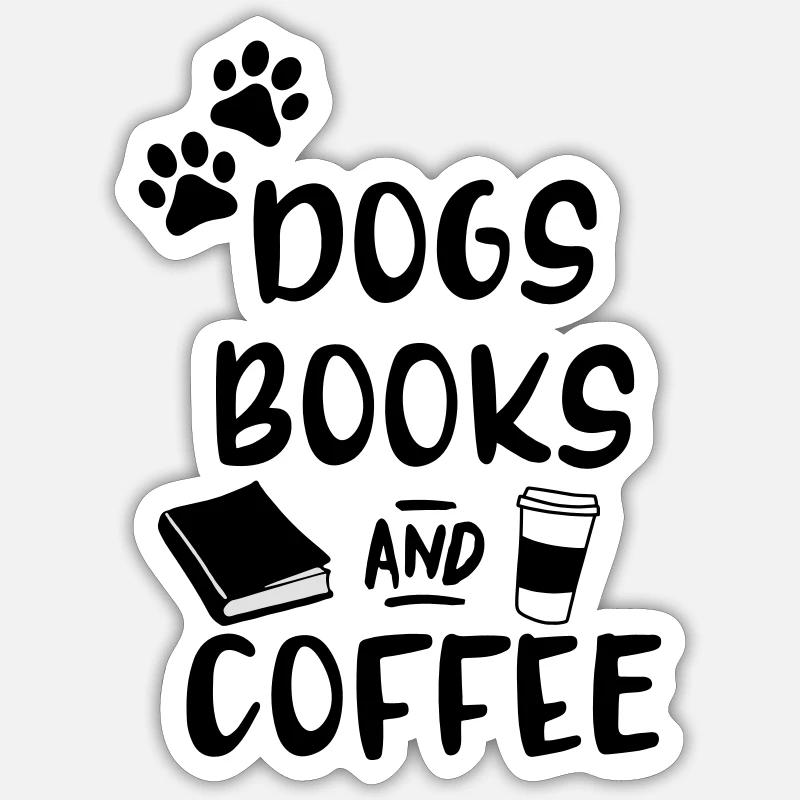 Chiens, livres et café - Sticker taille S (10 x 10 cm) - blanc mat