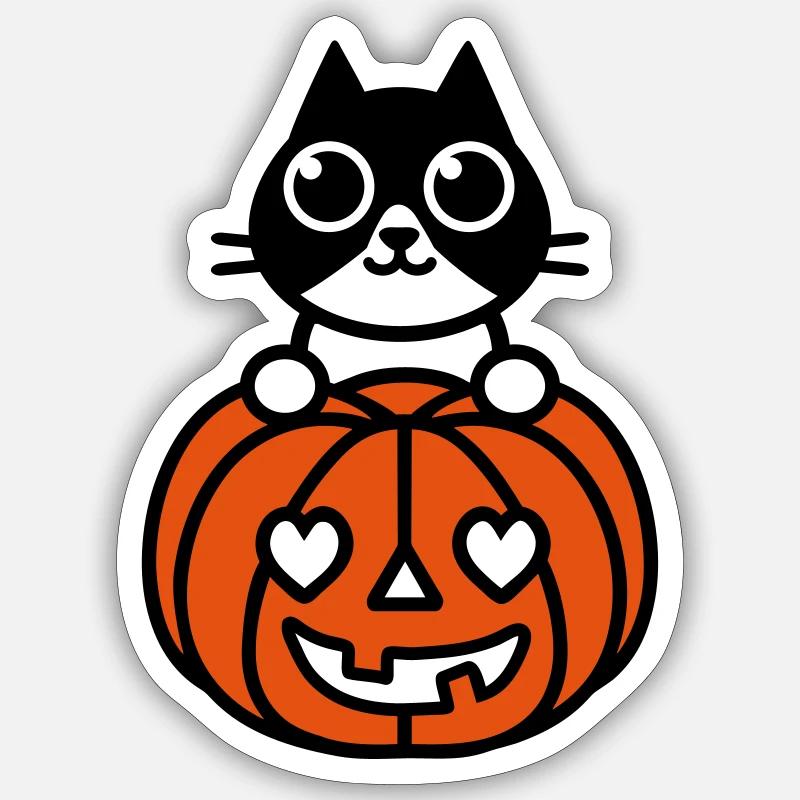 Chat & Citrouille - Sticker taille S (10 x 10 cm) - blanc mat