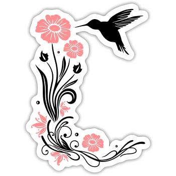 Motif floral avec des fleurs et colibris. - Sticker taille S (10 x 10 cm) - blanc mat - Devant