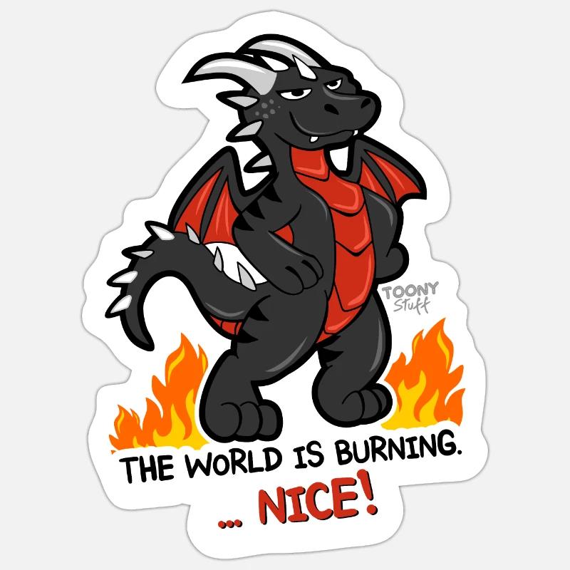Dragon noir Le monde est brûlant - Sticker taille S (10 x 10 cm) - blanc mat