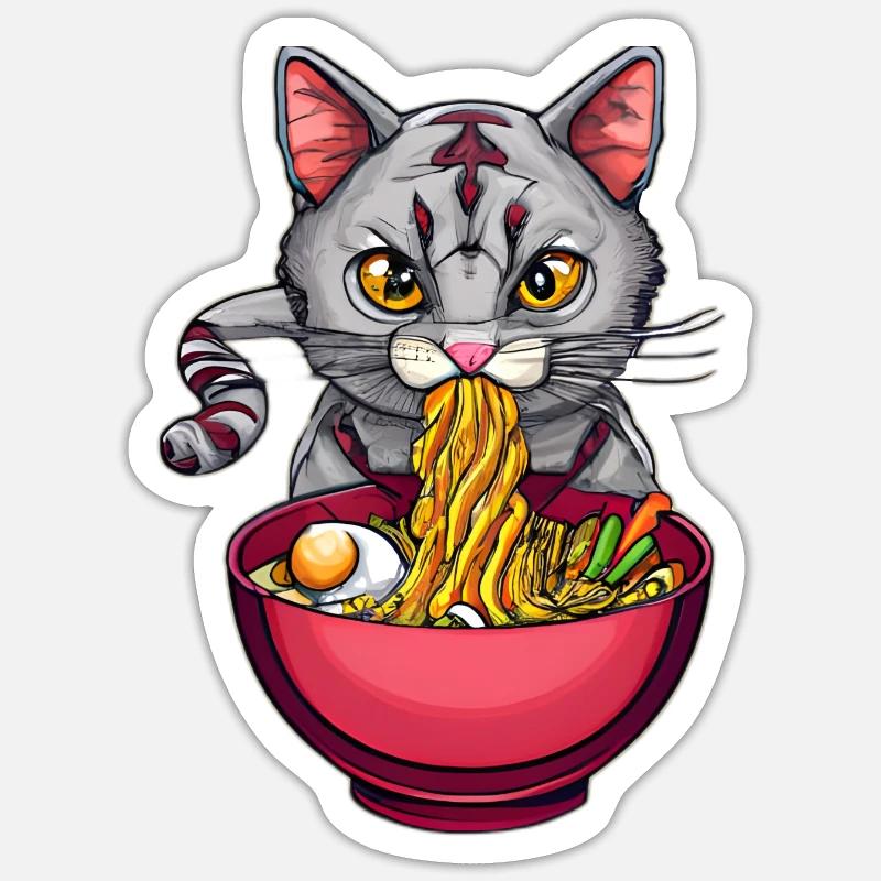 Le chat mignon aime la conception de nouilles ramen - Sticker taille S (10 x 10 cm) - blanc mat