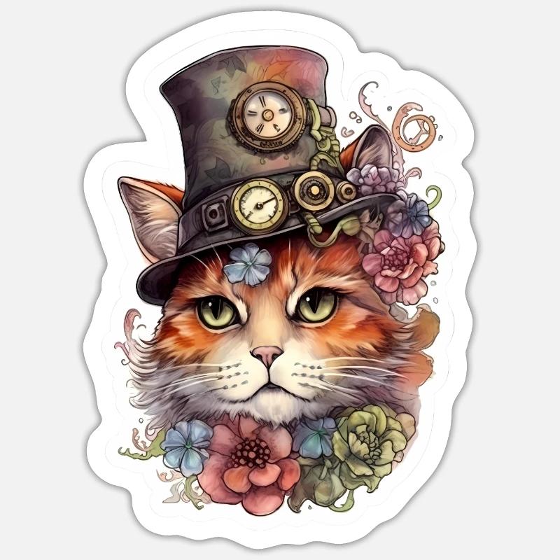Chat Steampunk avec chapeau - Sticker taille S (10 x 10 cm) - blanc mat