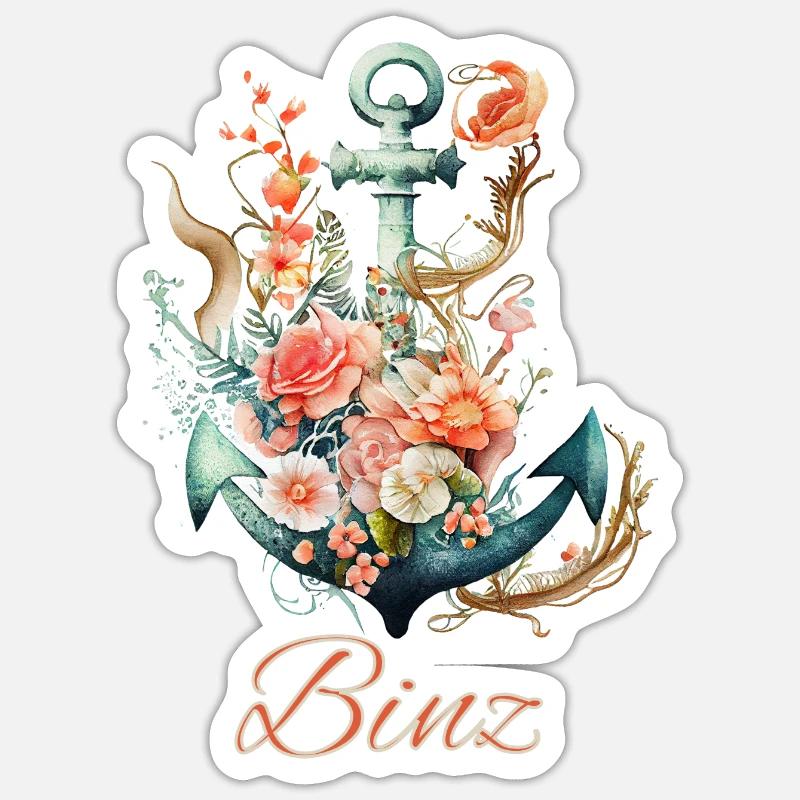 Ancre Binz avec fleurs - Sticker taille S (10 x 10 cm) - blanc mat