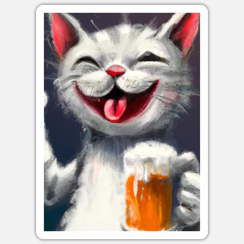 Glückliche Katze mit Bier - Sticker Größe S (10 x 10 cm) - Mattweiß