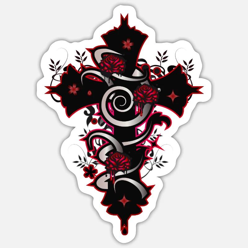 red black gothic cross with floral elements Sticker size S (10 x 10 cm)