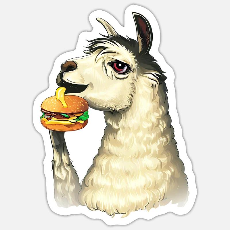 Cheeseburger eating llama - Sticker size S (10 x 10 cm) - white matte