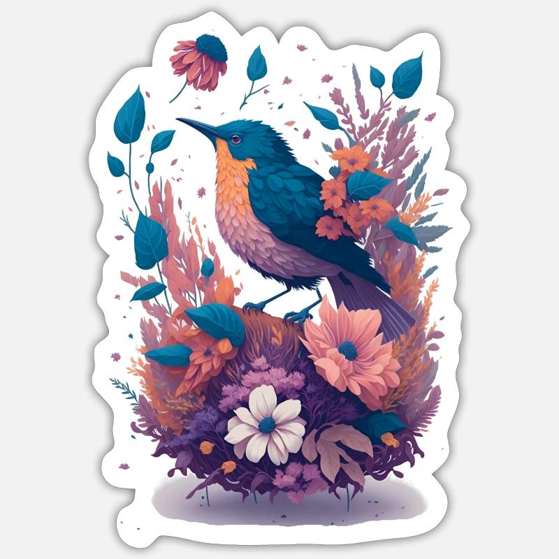 Oiseaux dans un bouquet de fleurs - Sticker taille S (10 x 10 cm) - blanc mat