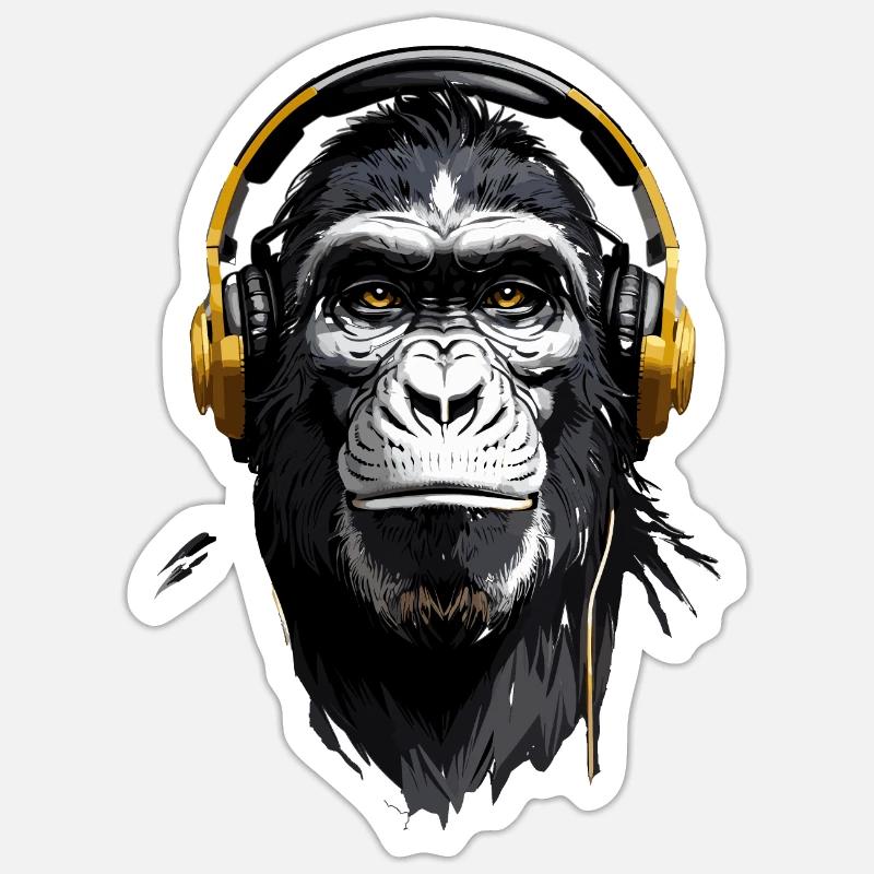 DJ Monkey: Musikmacher Affe mit Kopfhörer - Sticker Größe S (10 x 10 cm) - Mattweiß
