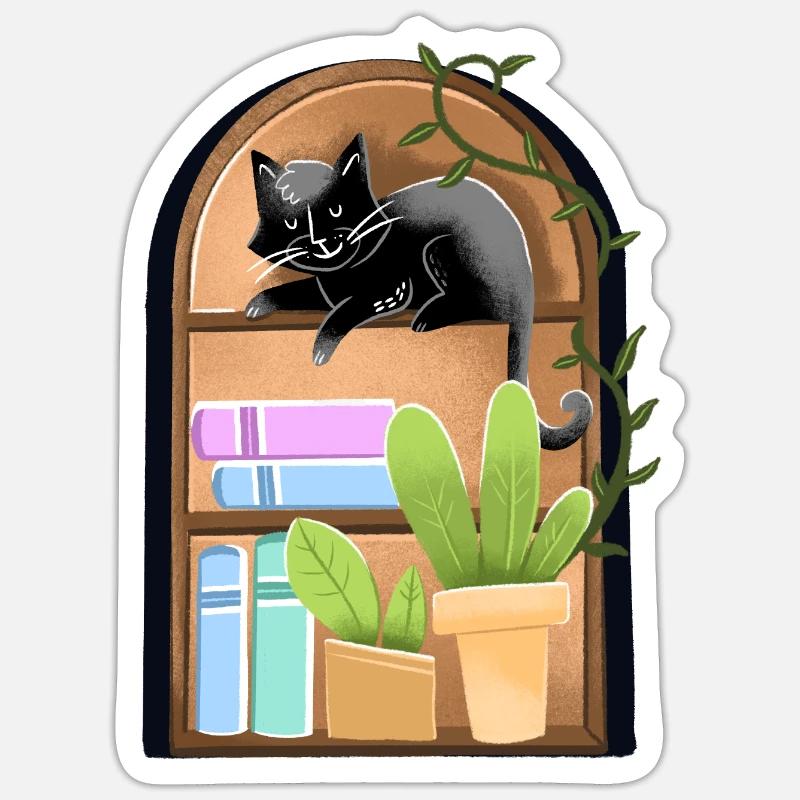 Cat on a dome shaped Bookshelf with plants - Sticker size S (10 x 10 cm) - white matte