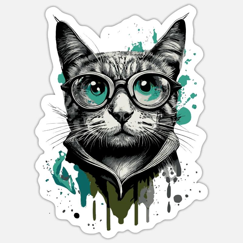Katze mit Brille - Nerd Katze - Katzengesicht - Sticker Größe S (10 x 10 cm) - Mattweiß