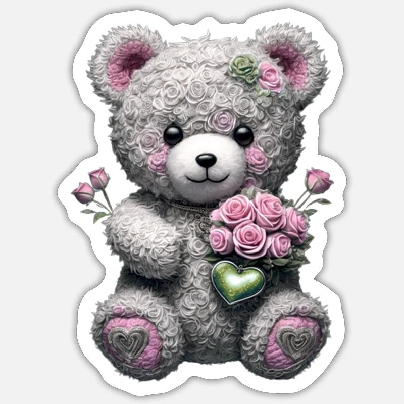 Teddy bear with roses - Sticker size S (10 x 10 cm) - white matte