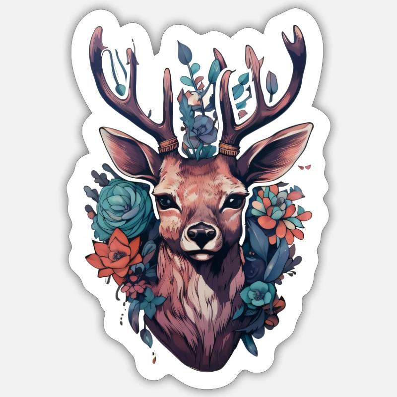 Chevreuils entourés de fleurs - Sticker taille S (10 x 10 cm) - blanc mat