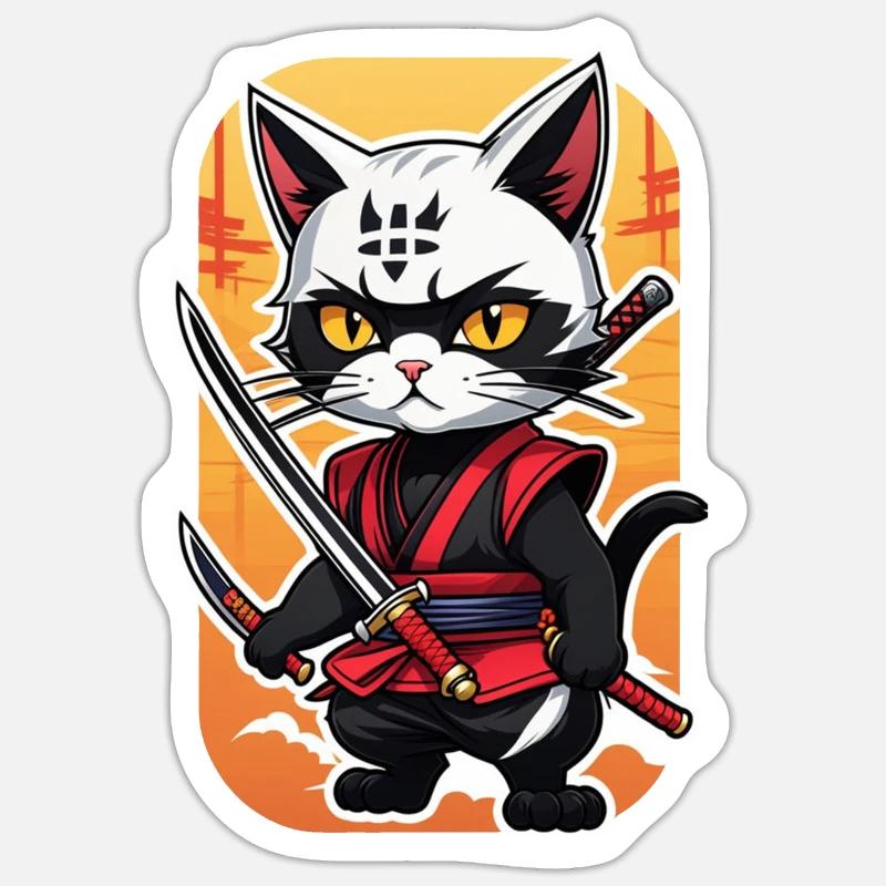 chat ninja - chaton samourai - Sticker taille S (10 x 10 cm) - blanc mat