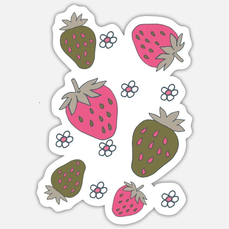 Fraises Rose Vert - Sticker taille S (10 x 10 cm) - blanc mat