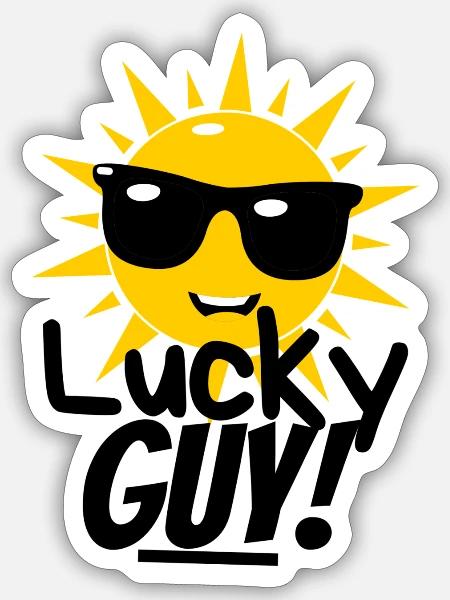 Lucky Guy – Lustiges Sommer Shirt mit Sonne - Sticker Größe S (10 x 10 cm) - Mattweiß