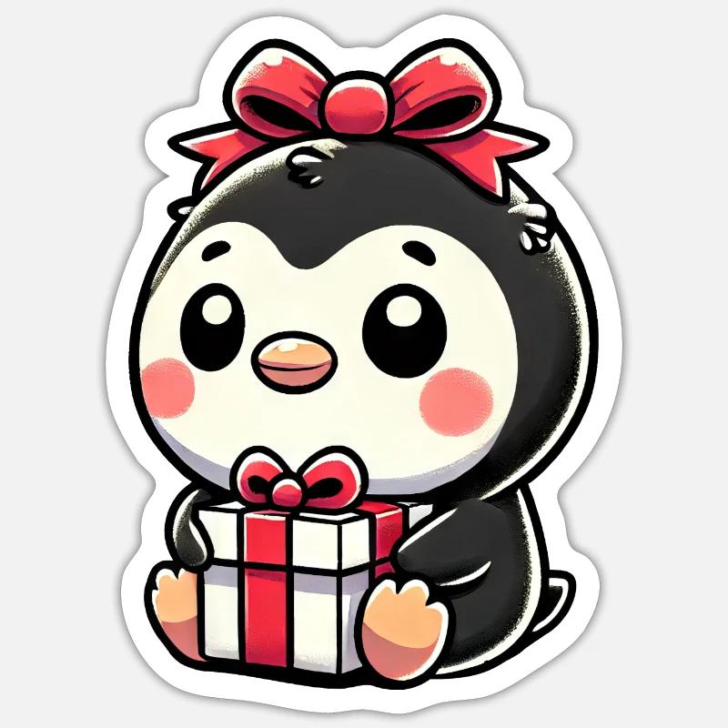 Weihnachtsmann und Pinguin mit Geschenk - Sticker Größe S (10 x 10 cm) - Mattweiß