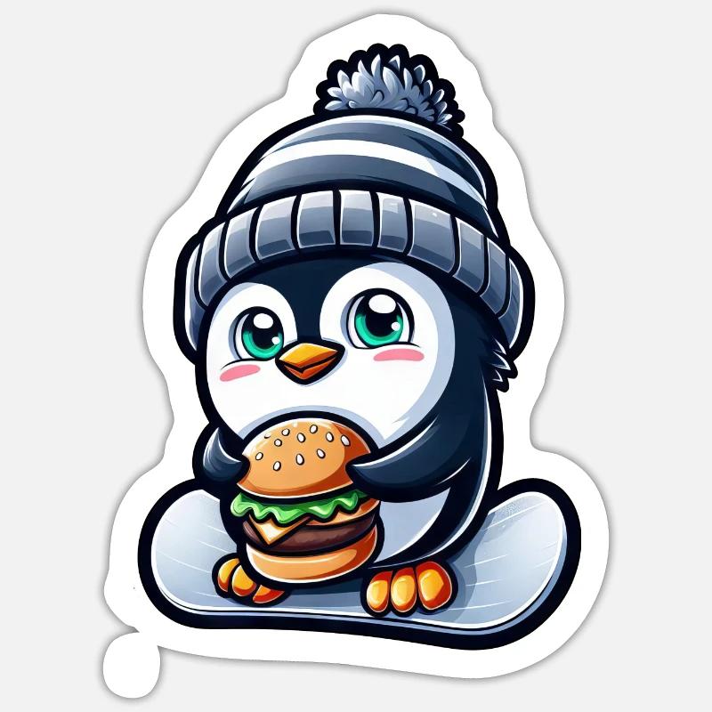 Penguin Snowboard Cheeseburger Fun Sticker taille S (10 x 10 cm)