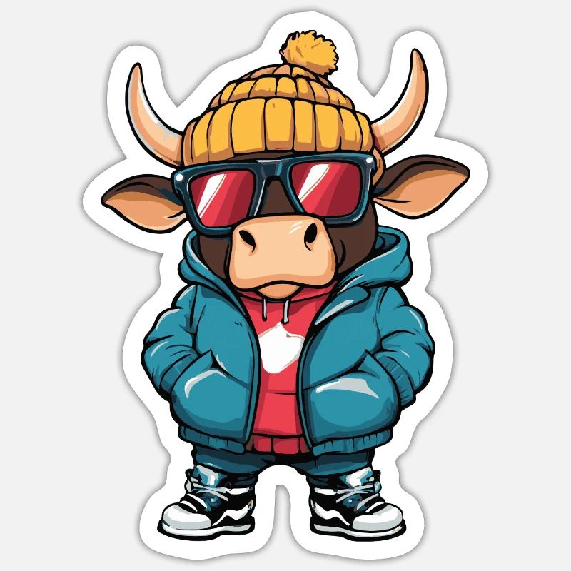 Stier Winter Comic - Sticker Größe S (10 x 10 cm) - Mattweiß