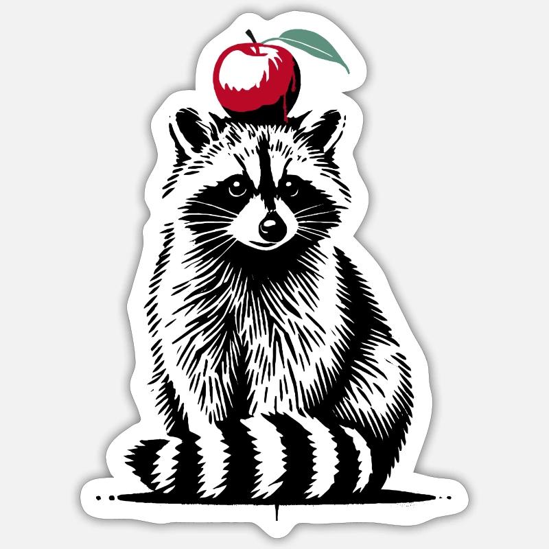 Waschbär mit Apfel – Verspieltes Stencil-Design - Sticker Größe S (10 x 10 cm) - Mattweiß