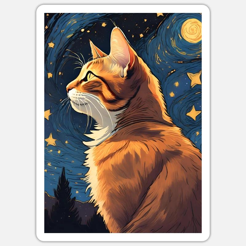 Katze Gemälde rote schwarze Cat - Sticker Größe S (10 x 10 cm) - Mattweiß