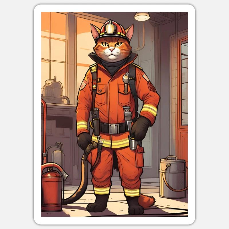 Feuerwehr Katze Kinder - Sticker Größe S (10 x 10 cm) - Mattweiß