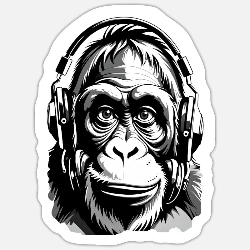 Musik Affe Gorilla mit Kopfhoerer als Geschenkidee Sticker Größe S (10 x 10 cm)