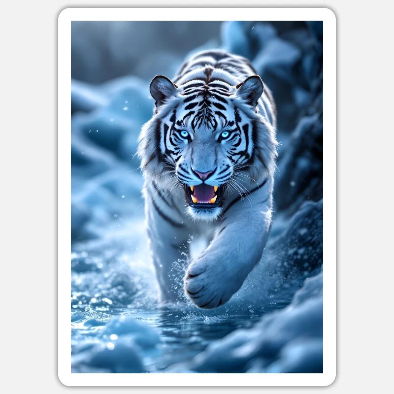 White tiger runs through stream Sticker size S (10 x 10 cm)