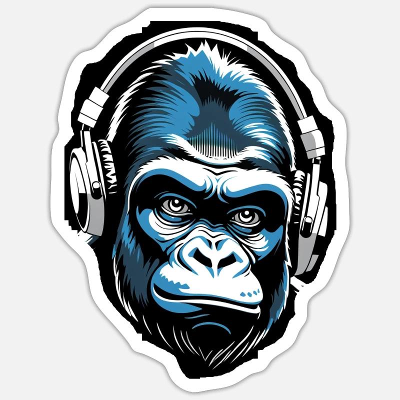 Musik Affe Gorilla mit Kopfhoerer als Geschenkidee Sticker Größe S (10 x 10 cm)