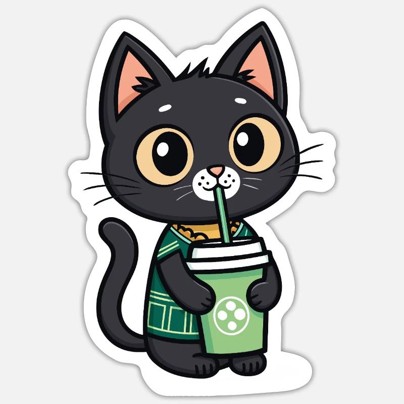 Cute cat with drinking cup drinking bubble tea Sticker size S (10 x 10 cm)