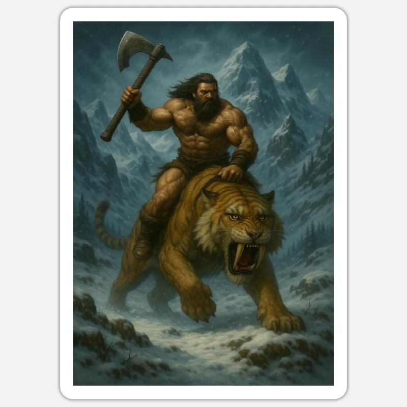 Wild Warrior on Sabertooth Tiger – Art Sticker size S (10 x 10 cm)