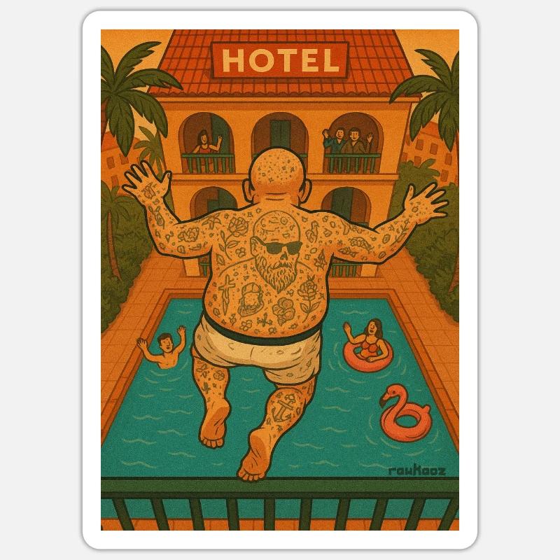 balcony vacationer jumping by the pool - Sticker size S (10 x 10 cm) - white matte